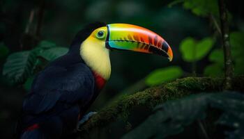 vibrante guacamayo encaramado en rama, cerca arriba retrato en naturaleza generado por ai foto