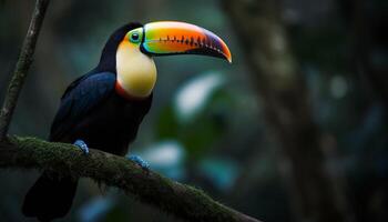 Vibrant macaw perching on tree branch in tropical rainforest generated by AI photo