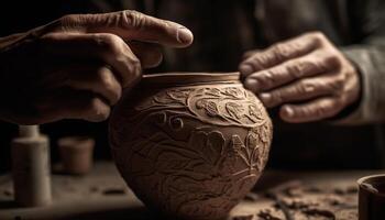 Craftsperson shaping clay on pottery wheel with human hand and thumb generated by AI photo