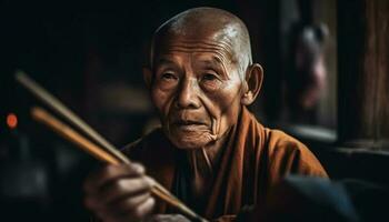 Serene monk meditating, holding wisdom, working towards spirituality and concentration generated by AI photo