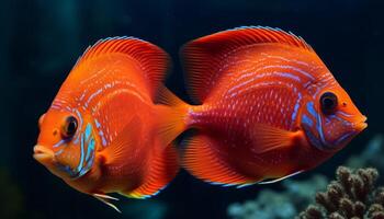 Vibrant school of striped clown fish in colorful coral reef generated by AI photo