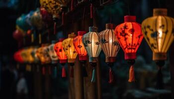 Ornate paper lanterns illuminate Beijing famous Chinatown in winter celebration generated by AI photo