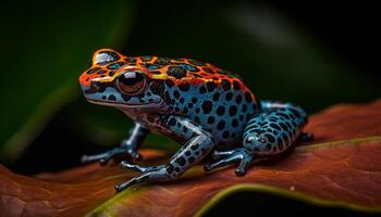 Poison arrow frog sitting on leaf in tropical rainforest generated by AI photo