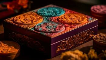 antiguo recuerdo caja florido diseño, multi de colores patrón, lujo decoración generado por ai foto