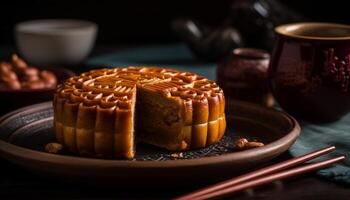 Homemade moon cake, a sweet Chinese tradition for autumn celebration generated by AI photo