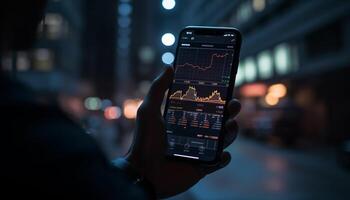 Business person analyzing growth chart on illuminated computer monitor generated by AI photo