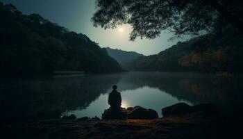 meditando hombres y mujer en tranquilo escena, rodeado por naturaleza generado por ai foto