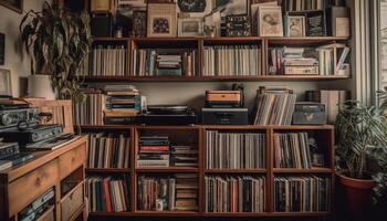 Antique bookshelf holds large collection of literature in old fashioned home generated by AI photo