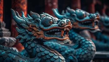 Ancient Chinese dragon sculpture decorates famous Beijing monument, ornate decoration generated by AI photo