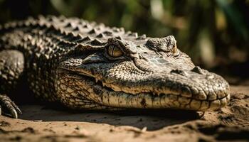 Aggressive caiman rests in swamp, mouth open, eyes focused generated by AI photo