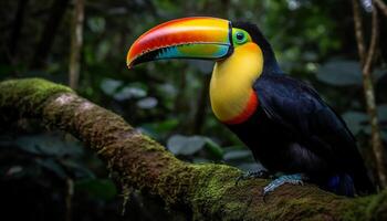 tucán encaramado en rama, vibrante colores en naturaleza generado por ai foto