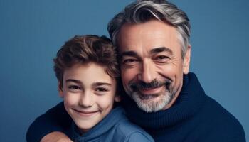 Smiling family portrait two men, adult, child, grandson, embracing generated by AI photo