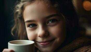 Smiling girl holding hot coffee, enjoying indoor relaxation and warmth generated by AI photo