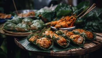 orgánico vegetariano empanadillas al vapor en madera cesta con verde ensalada generado por ai foto