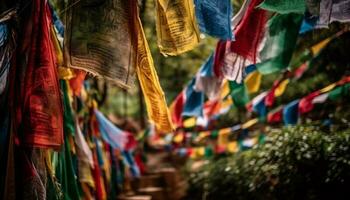 Vibrant colors of textiles hang in rows at famous retail store generated by AI photo