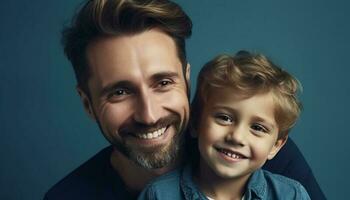 Father and son embrace, smiling with love and happiness generated by AI photo