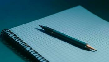 Yellow spiral notebook on wooden desk with ballpoint pen generated by AI photo