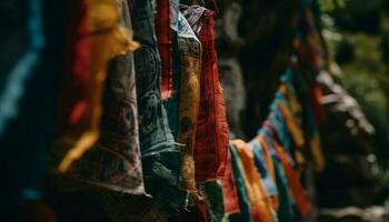 Multi colored textiles hanging in a row at street market sale generated by AI photo