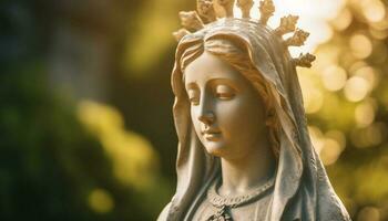 Orando mujer meditando a famoso católico Monumento en tranquilo naturaleza generado por ai foto