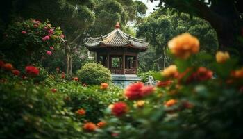 Ancient pagoda in formal garden showcases East Asian culture spirituality generated by AI photo