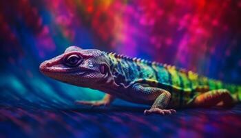 Vibrant iguana scales in multi colored beauty, close up portrait generated by AI photo