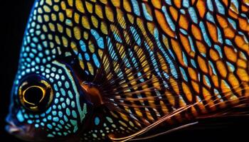 Vibrant striped fish swims in colorful coral reef background underwater generated by AI photo