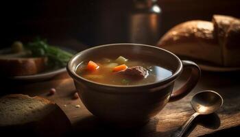 Fresh vegetable soup, rustic bread, healthy lunch, gourmet appetizer generated by AI photo