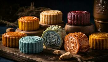 Moon cake, a sweet baked pastry item for traditional festival generated by AI photo