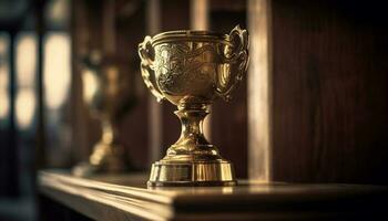Gold trophy on wooden table, symbol of achievement and success generated by AI photo