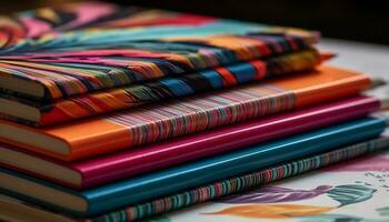 Vibrant wool rug heap, a colorful indigenous souvenir store collection generated by AI photo