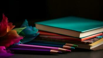 niño escritorio con vistoso libros de texto y lápices, Perfecto para estudiando generado por ai foto