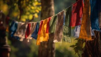 Vibrant clothesline in nature, drying garments in the summer sun generated by AI photo