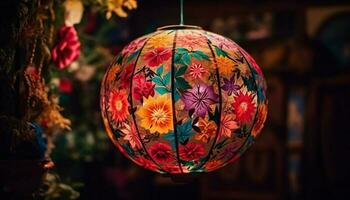 Chinese lantern decoration illuminates vibrant Chinatown architecture outdoors at night generated by AI photo