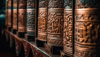 Ancient Tibetan prayer wheel spins, symbolizing spirituality and wisdom generated by AI photo