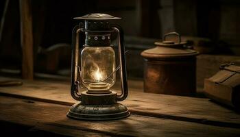 Rustic lantern with kerosene flame illuminates ancient cultures indoors generated by AI photo