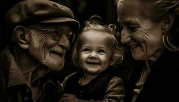 multi Generacion familia abrazando al aire libre, sonriente y riendo con afecto generado por ai foto