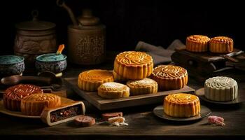 Homemade moon cakes, a traditional autumn snack for celebration generated by AI photo
