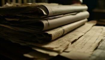 Old fashioned newspaper rolled up on antique wooden table indoors generated by AI photo