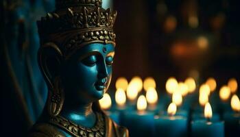 Meditating statue illuminated by glowing candle, symbolizing ancient spirituality generated by AI photo