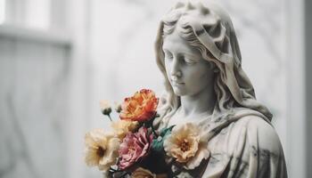 Single flower decoration on statue symbolizes spirituality and innocence generated by AI photo