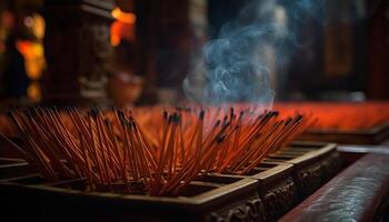 Burning incense ignites spirituality in tranquil scenes of meditation generated by AI photo