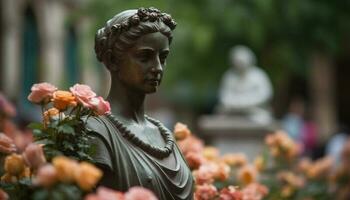 Buddhist statue meditating in formal garden surrounded by colorful flowers generated by AI photo