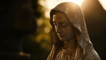 gótico cruzar espalda iluminado por luz de sol, símbolo de cristiandad historia generado por ai foto