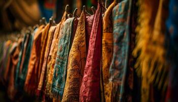 Multi colored shirts hanging in textile store for sale generated by AI photo