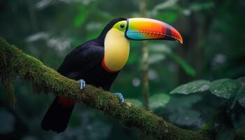 Toucan perching on branch, looking cute in tropical rainforest generated by AI photo