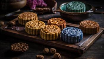 Freshly baked moon cakes on rustic wooden table, ready to eat indulgence generated by AI photo