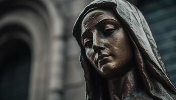 Orando hombres, dolor y espiritualidad en frente de estatua generado por ai foto