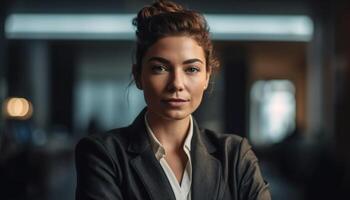 Confident young businesswoman in elegant suit smiling at camera indoors generated by AI photo