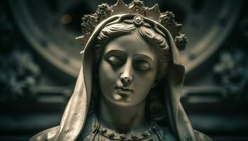antiguo mujer Orando a majestuoso gótico estilo catedral Monumento generado por ai foto