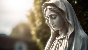 Sunlit tombstone symbolizes grief and death in tranquil cemetery scene generated by AI photo